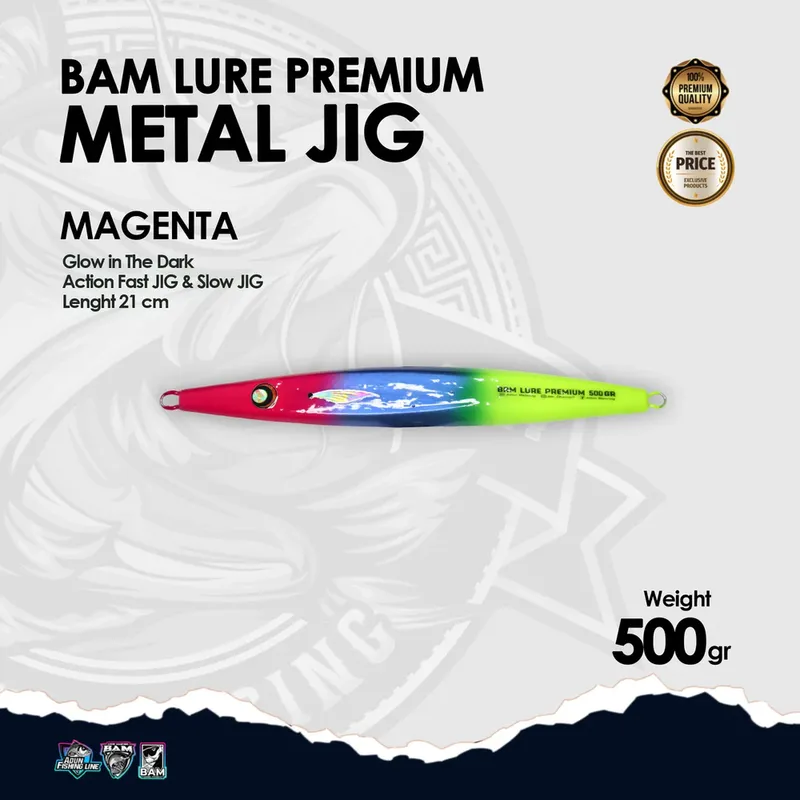 BAM Lure Premium Metal Jig Glow in the Dark (GID) - 500 gr Magenta