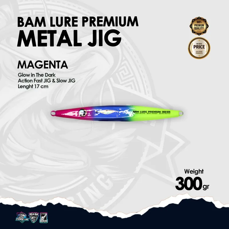 BAM Lure Premium Metal Jig Glow in the Dark (GID) - 300 gr Magenta