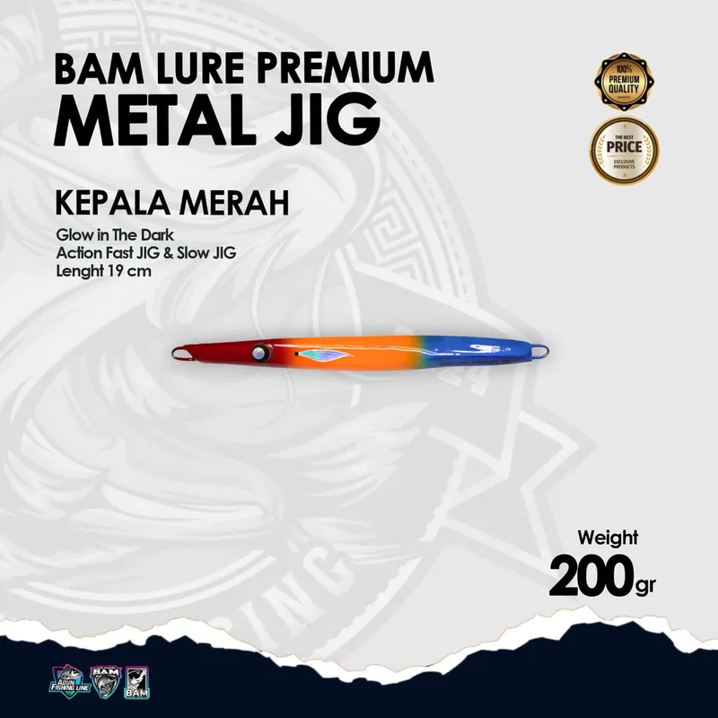 BAM Lure Premium Metal Jig Glow in the Dark (GID) - 200 gr KPL Merah