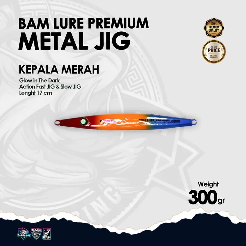 BAM Lure Premium Metal Jig Glow in the Dark (GID) - 300 gr KPL Merah