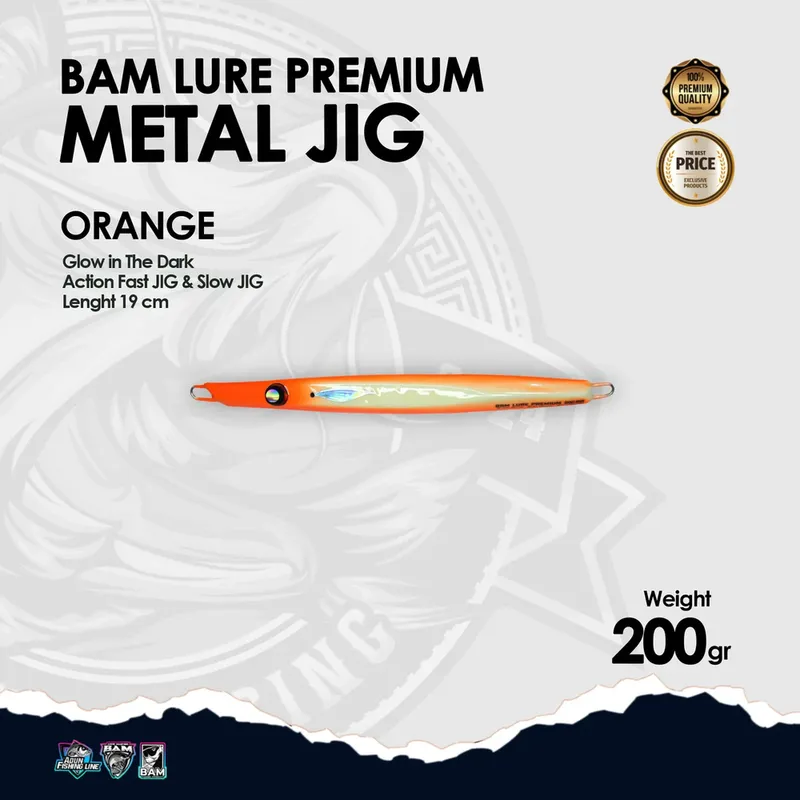 BAM Lure Premium Metal Jig Glow in the Dark (GID) - 200 gr Orenge